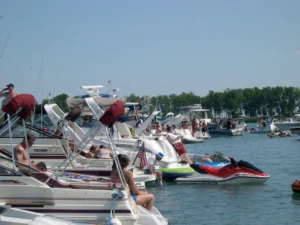 Boats tied together on a sunny summer day